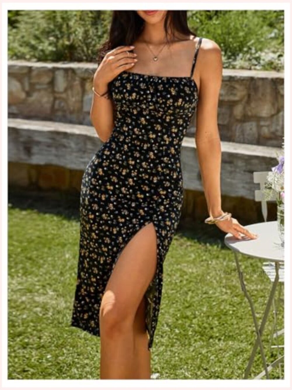 Spaghetti Strap Floral Cami Bodycon Midi Sundress with Side Slit - Picture 5 of 5
